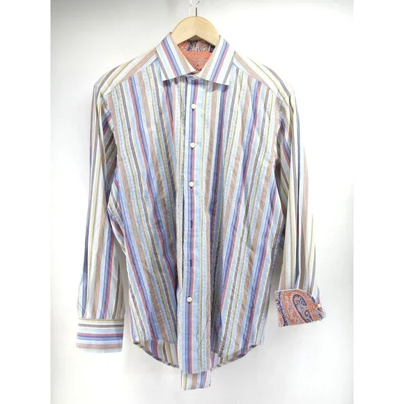ROBERT GRAHAM Multi Color Stiped Flip Cuff Embroidery Button Down Shirt Medium - Picture 1 of 12